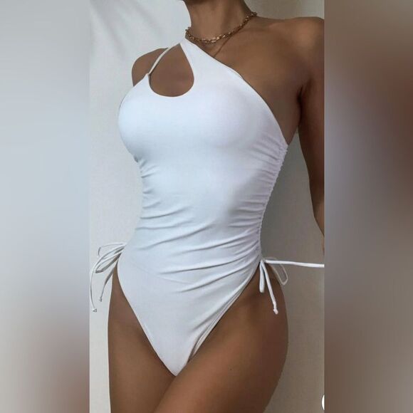 WHITE ONE SHOULDER DOUBLE STRAP ONE PIECE SWIMSUIT - Picture 1 of 8